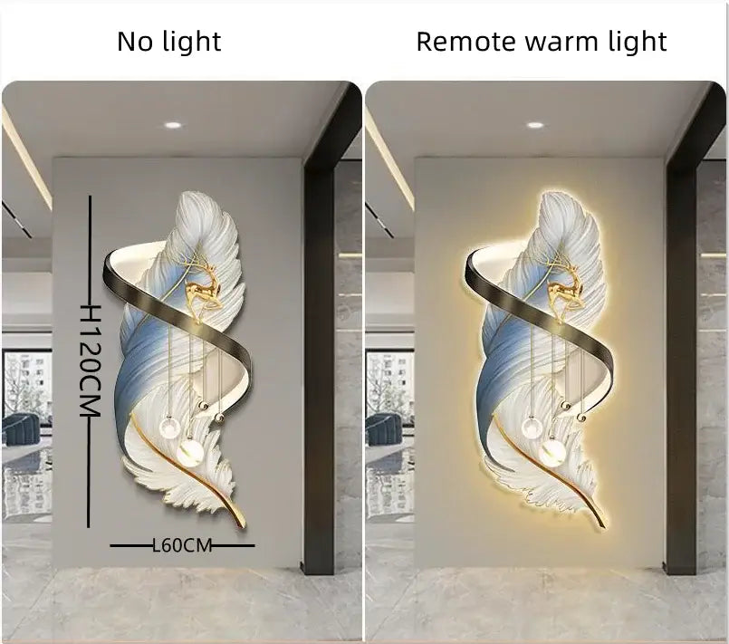 Modern white and gold feather led wall lamp sculpture with blue accents and hanging spheres for bedroom decor