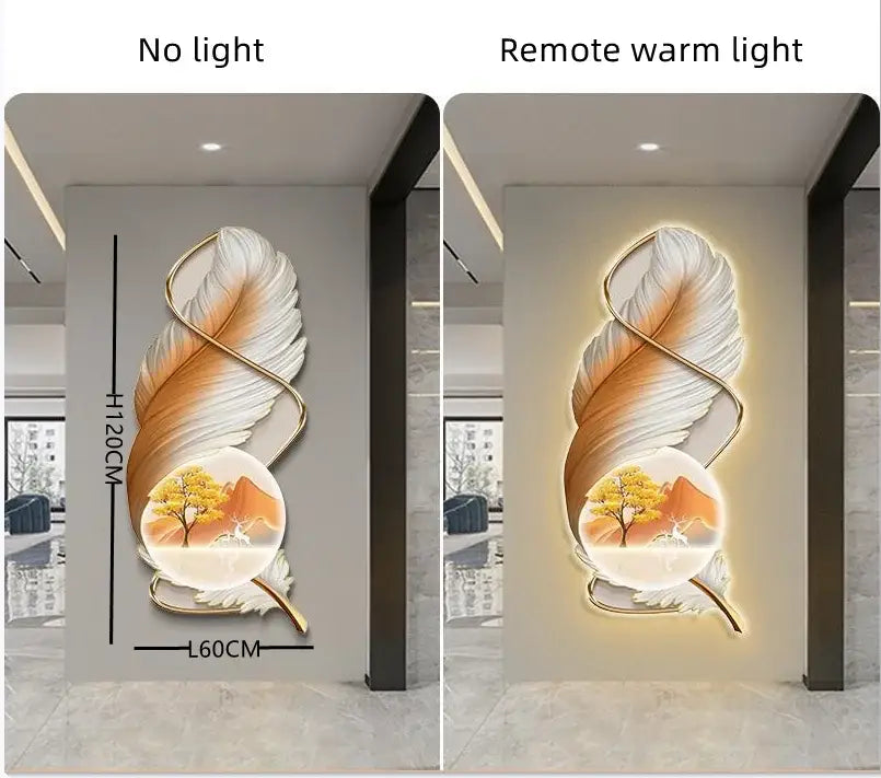 Modern white and gold feather led wall lamp with illuminated circular landscape art for bedroom sculpture decor