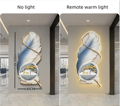 Modern white and gold feather led wall lamp with blue and white gradient and illuminated deer forest scene