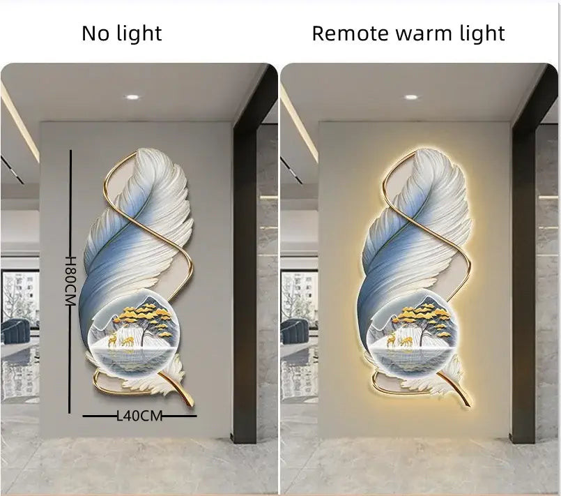 Modern white and gold feather led wall lamp with blue and white gradient and illuminated deer forest scene