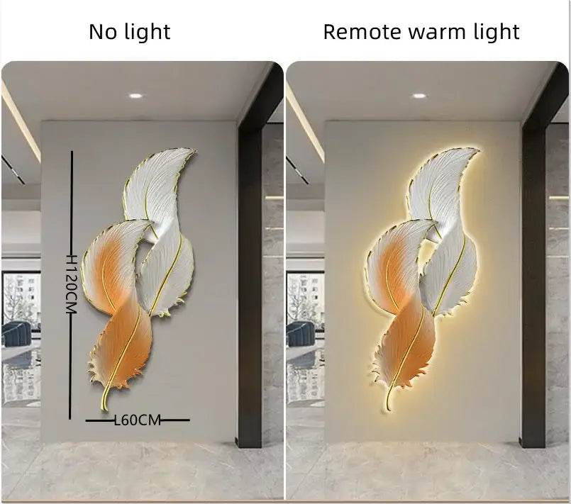 Elegant white and gold feather led wall lamp sculpture with warm backlight measuring 120cm by 60cm for bedroom decor
