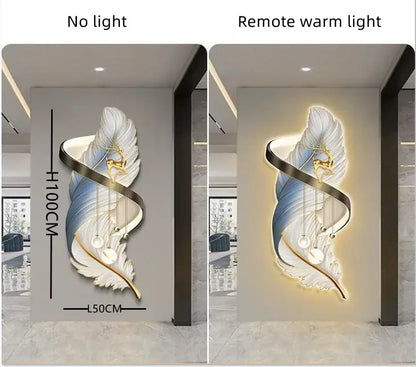 Elegant white and blue feather led wall lamp with gold accents illuminated by a warm remote-controlled light fixture