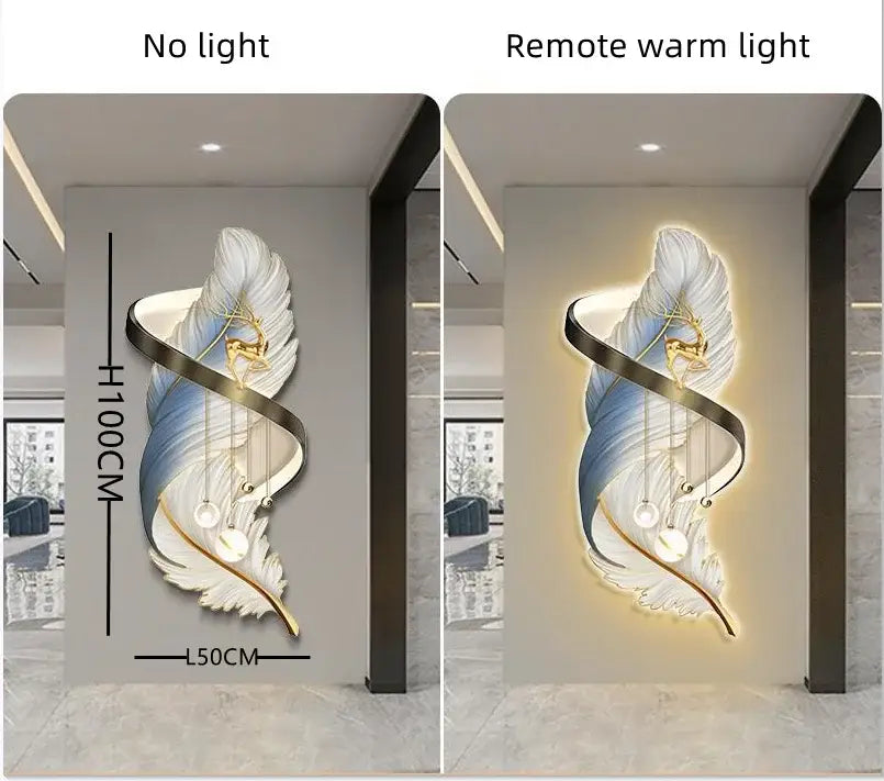 Elegant white and blue feather led wall lamp with gold accents illuminated by a warm remote-controlled light fixture