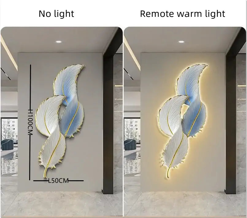 Elegant blue and white feather led wall lamp with gold accents and warm backlighting for modern bedroom décor