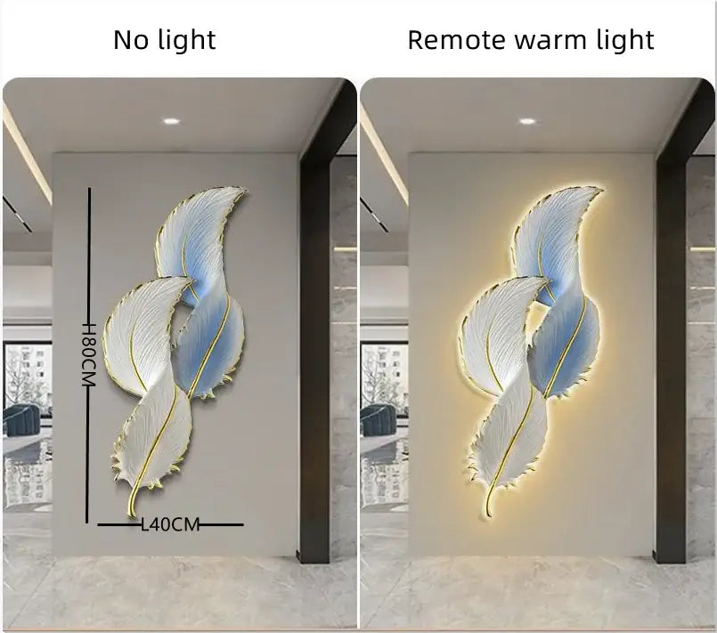 Elegant blue and white feather-shaped led wall lamp with gold accents illuminated by warm ambient lighting for bedroom decor