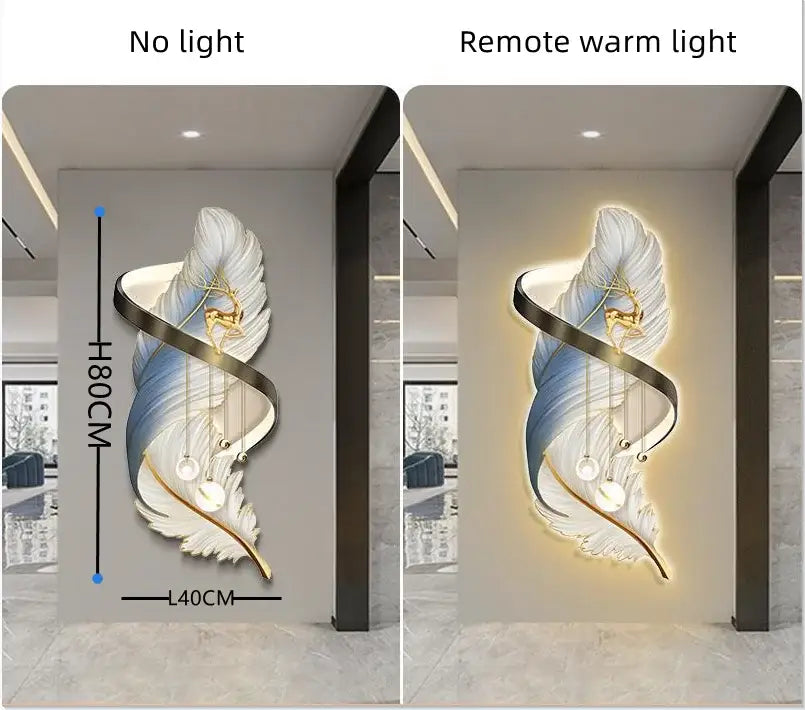 Modern white and gold feather led wall lamp with blue and white metallic accents and integrated warm glow for bedroom use