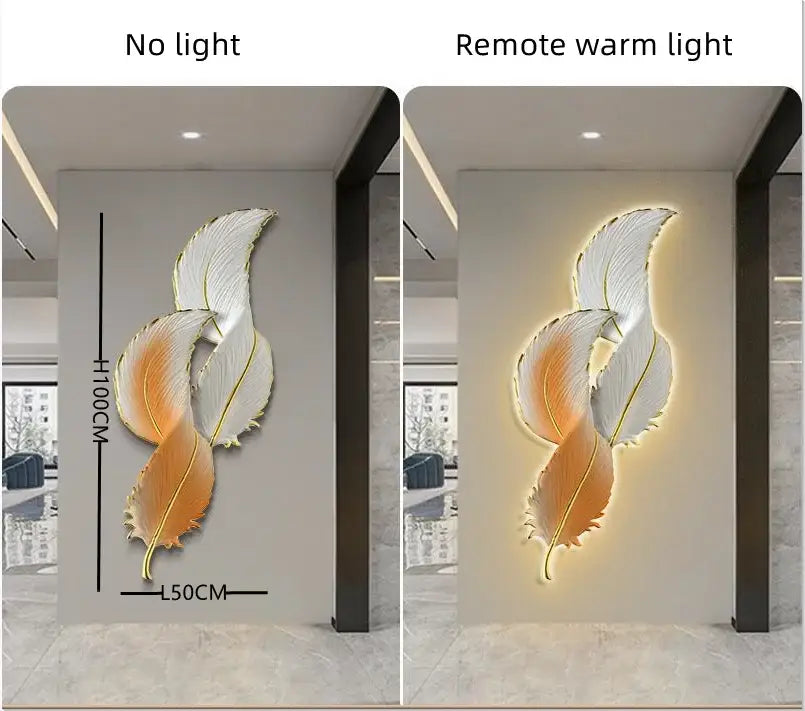 Modern white and gold feather led wall lamp sculpture featuring two intertwined feathers with warm backlight for bedroom