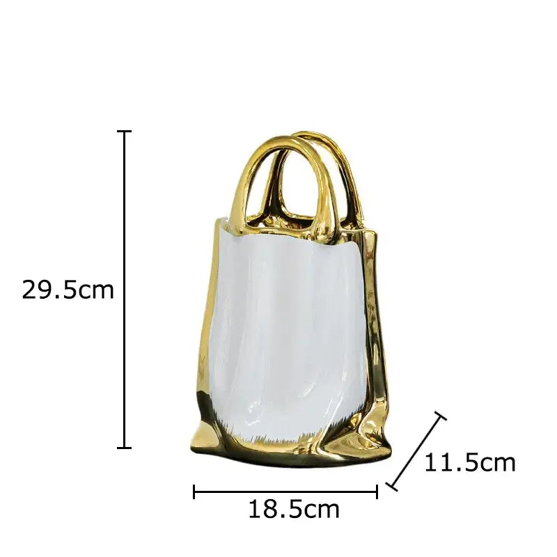 Glossy white handbag ceramic vase with golden handbag ceramic handles and base for modern decorbites decor