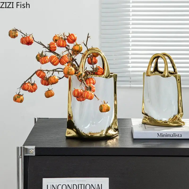Modern white and gold handbag ceramic vase with gold-trimmed edges and glossy interior for decorbites golden handbag decor