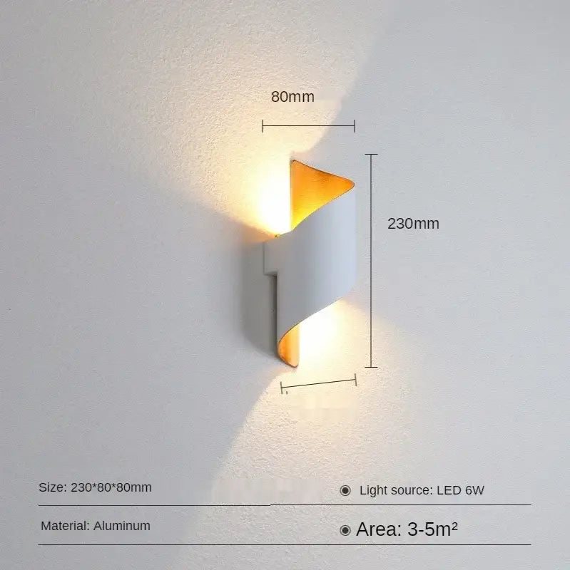 Modern white and gold outdoor wall lamp with twisted aluminum design and warm led lighting for outdoor wall use