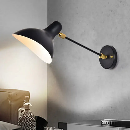 Black wall mounted lamp with sleek adjustable arm and gold-toned hardware for living room led incandescent fluorescent use