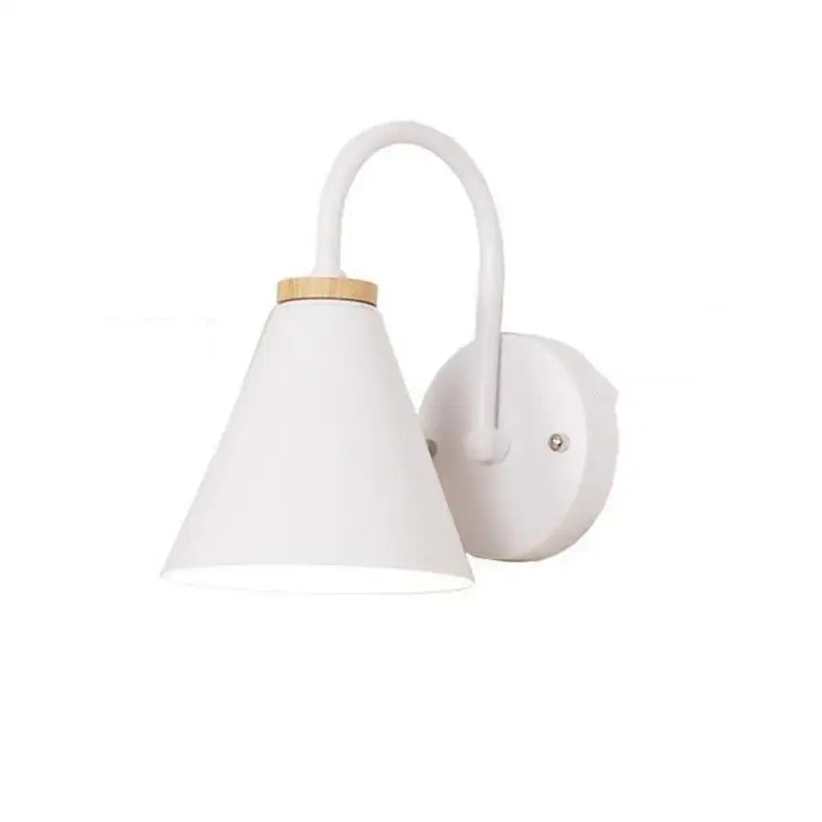 Modern white and iron wood led wall lamp with conical shade and bamboo accent for bedroom decorbites iron wood style