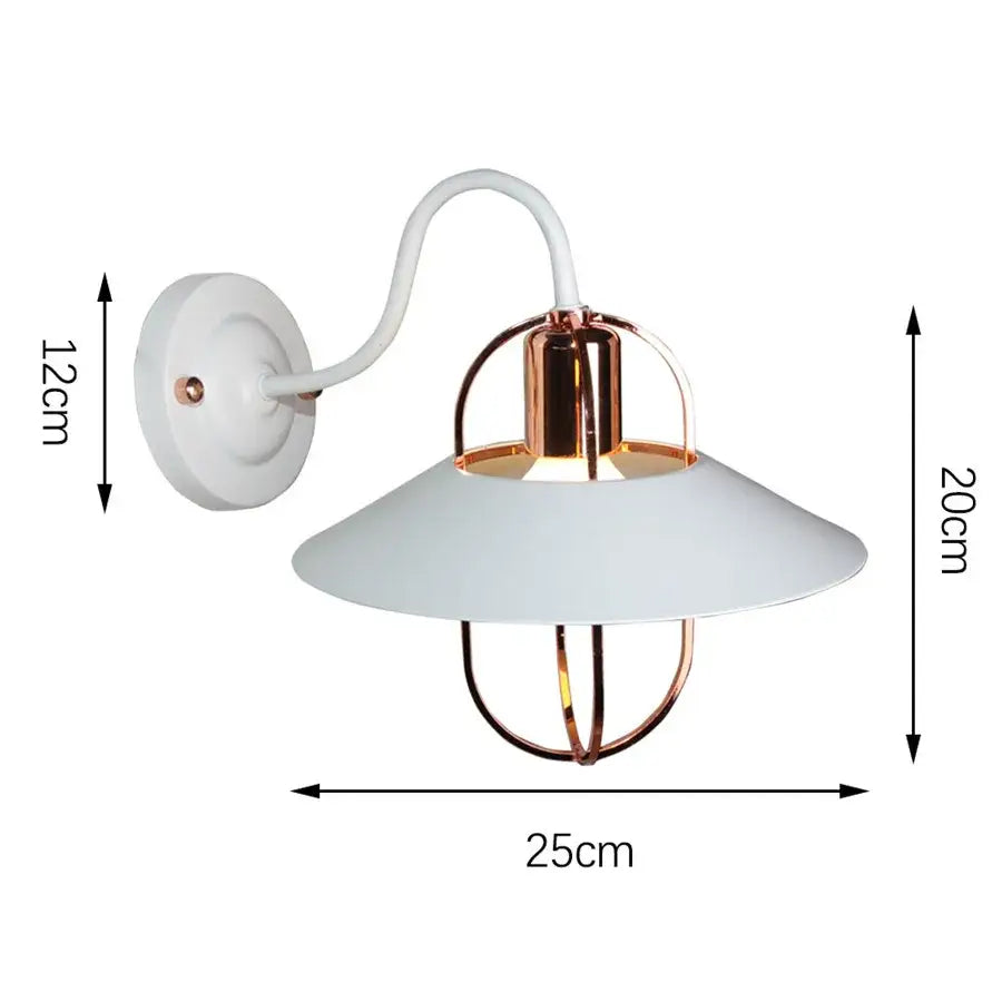 Modern white and iron wood led wall lamp with copper tone curved arm and protective wire cage for bedroom sconce decorbites iron wood