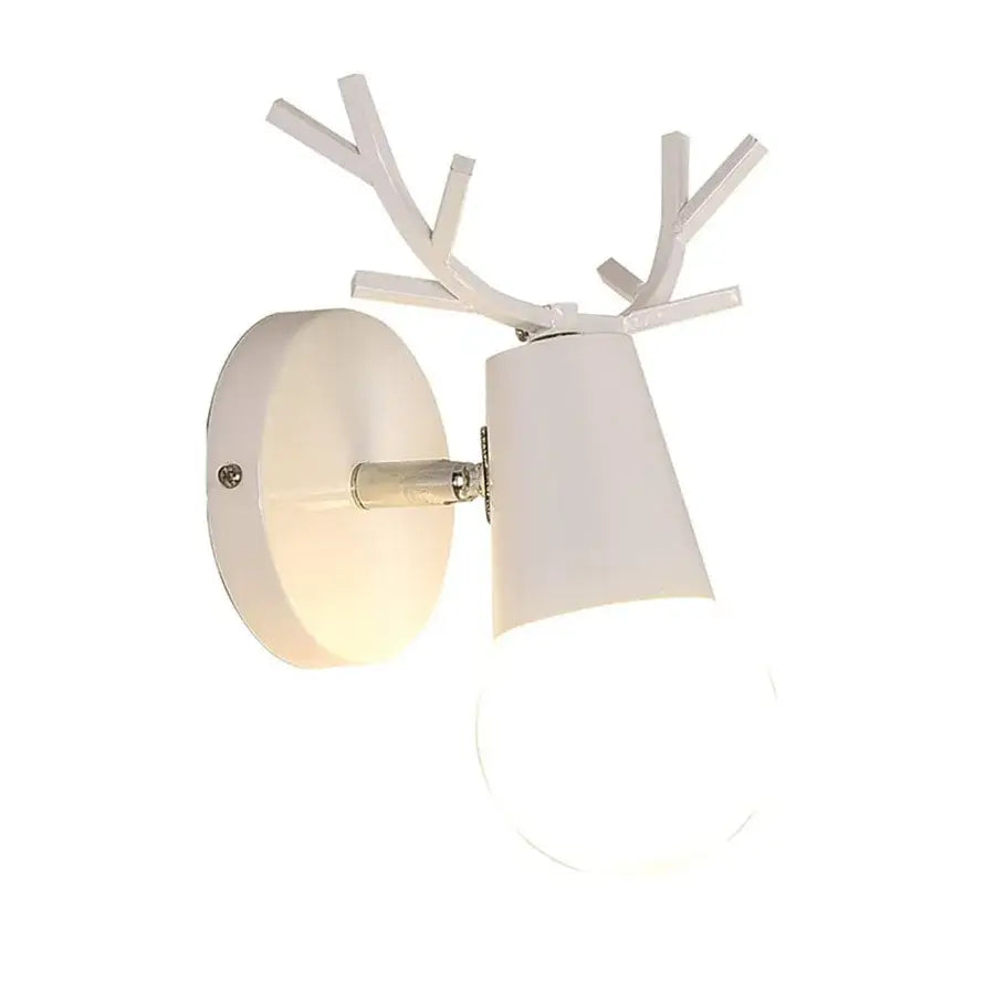 Modern white deer-themed wall lamp with iron wood led design and frosted glass bulb for bedroom decorbites iron wood