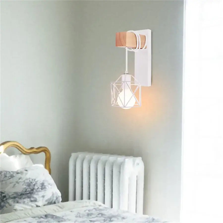 Modern white and iron wood led wall lamp with white geometric wire cage pendant light and exposed bulb decorbites iron wood
