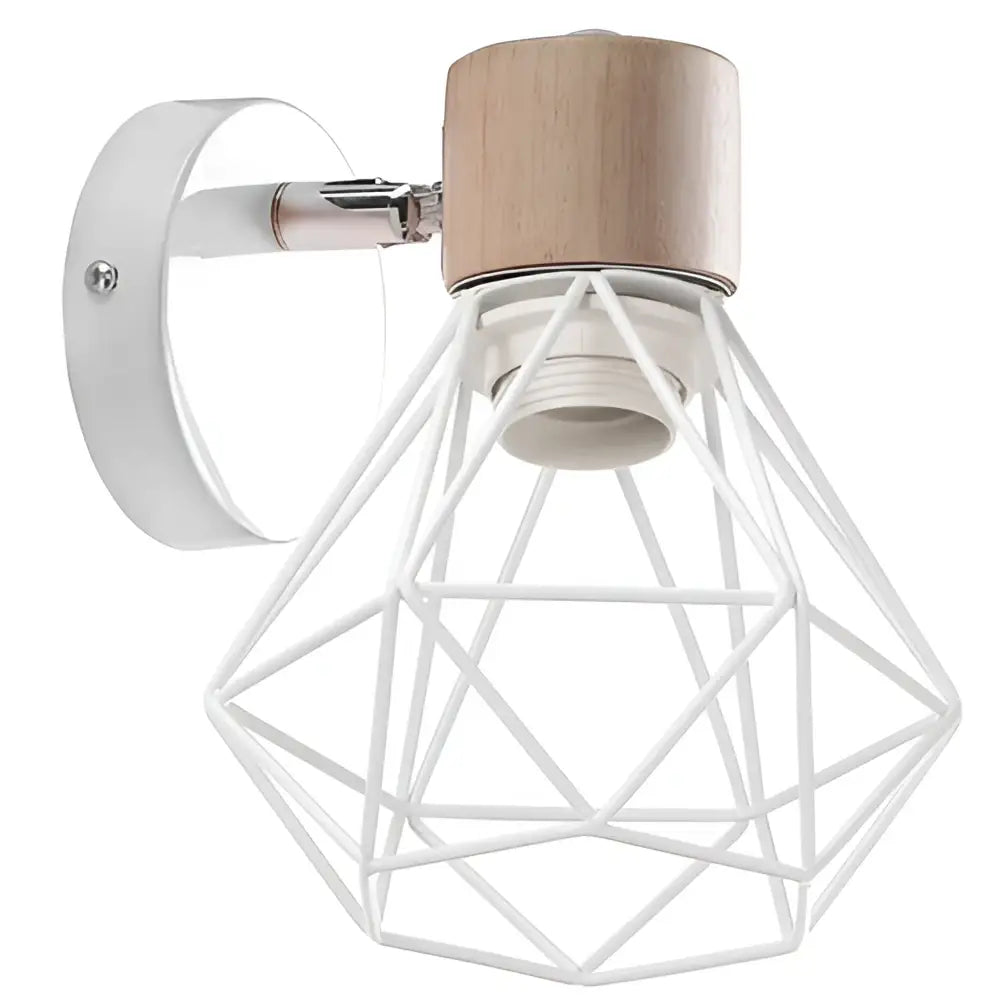 Modern white geometric wire cage wall lamp with natural wood accent cap decorbites iron wood led bedroom sconce