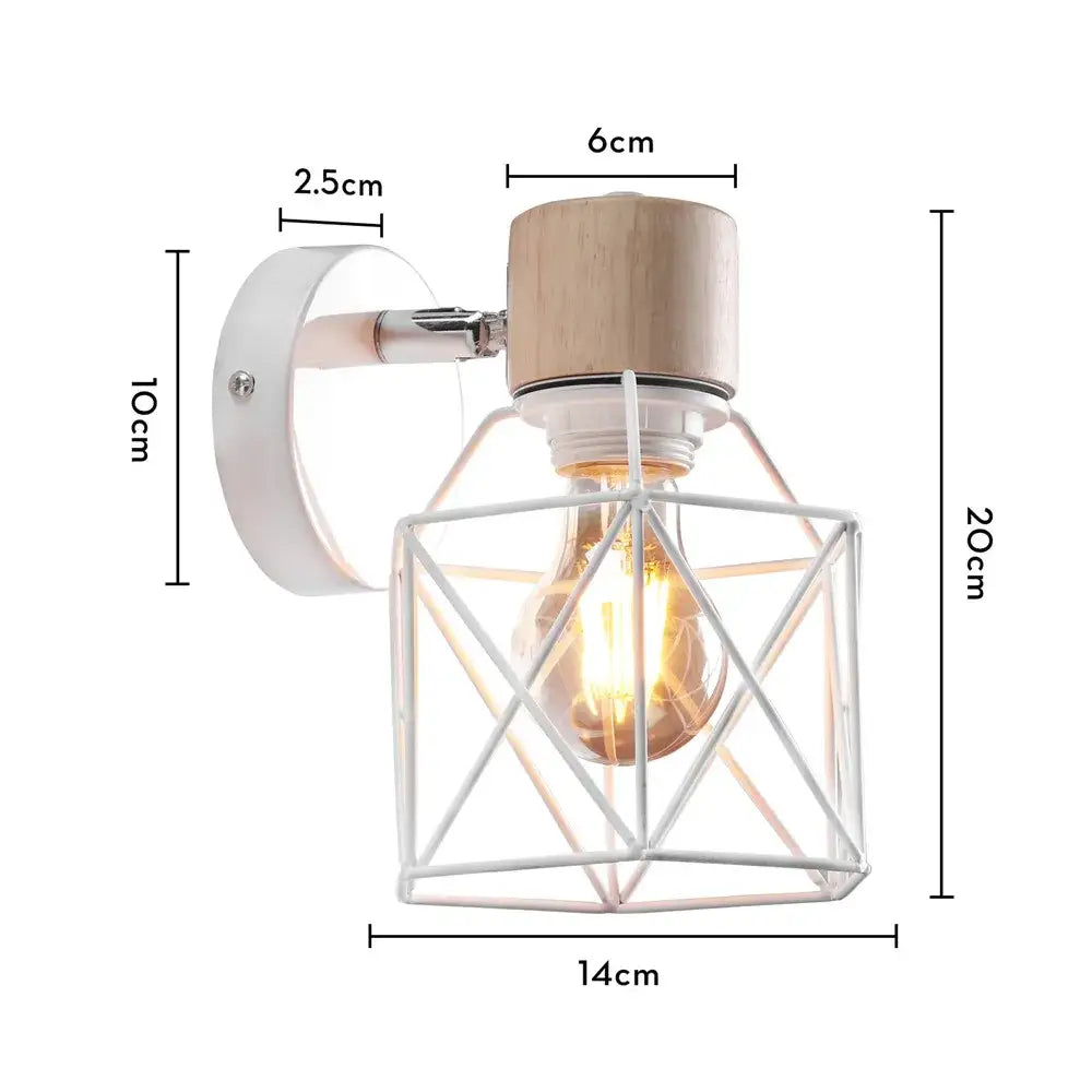 Modern white and iron wood led wall lamp with geometric cage design for bedroom decorbites iron wood sconce