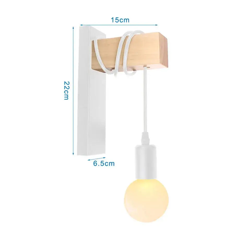 Modern white and iron wood led wall lamp with minimalist wooden block sconce and frosted glass bulb by decorbites iron wood