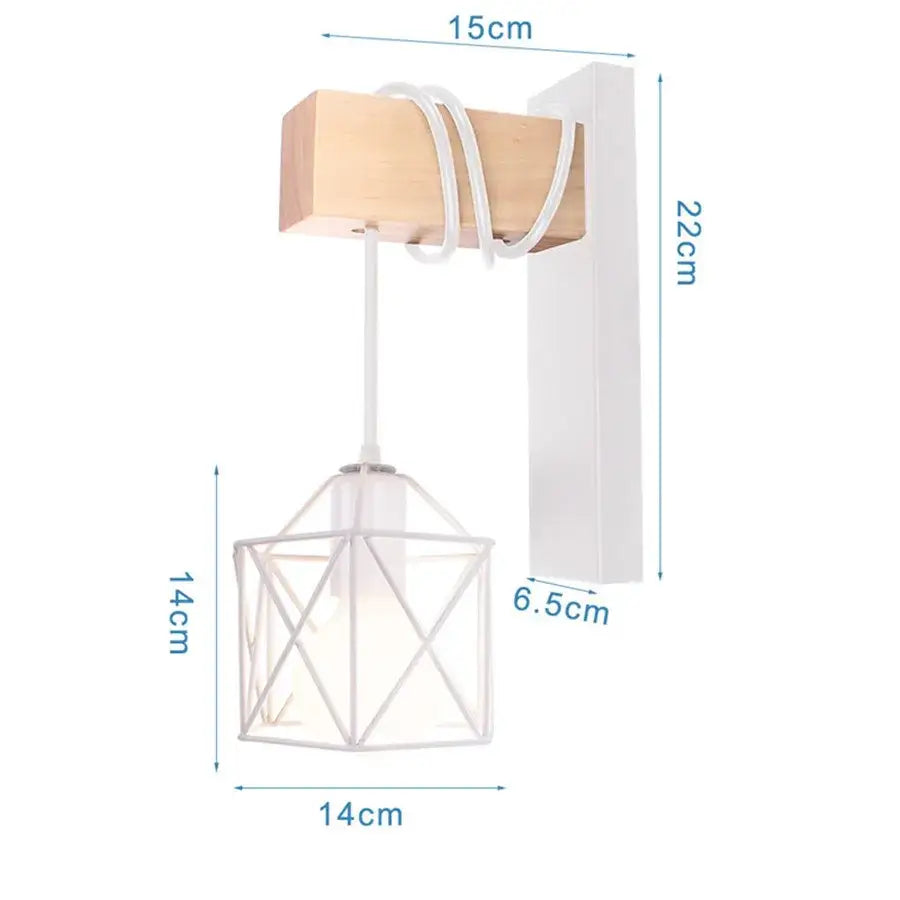 Modern white and iron wood led wall lamp with minimalist geometric design and decorbites iron wood accent