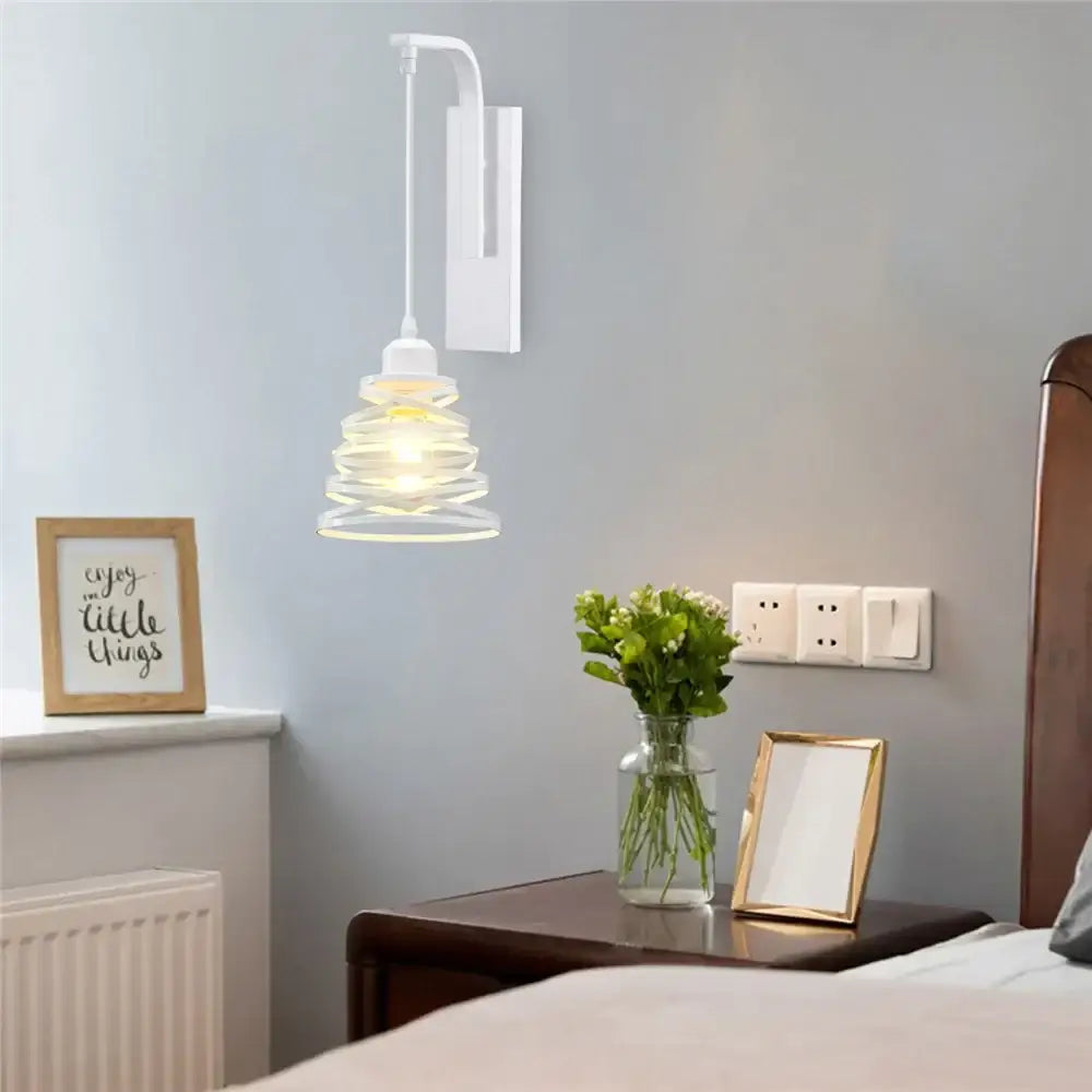 Modern white wall lamp with spiral glass shade and iron wood led accents for bedroom decorbites iron wood sconce