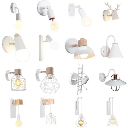 Modern white and iron wood led wall lamp with wooden accent and exposed bulb for bedroom decorbites iron wood sconce