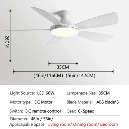 Modern white and light brown ceiling fan with five abs blades and integrated led light fixture for bedroom use