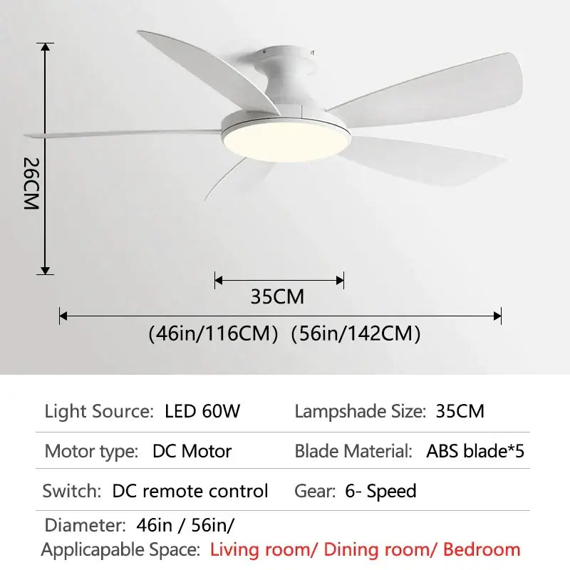 Modern white and light brown ceiling fan with five abs blades and integrated led light fixture for bedroom use