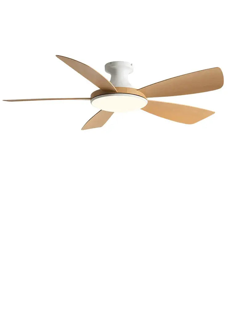 Modern ceiling fan with five light wood blades, white housing, integrated led light, ideal for bedroom use with remote control