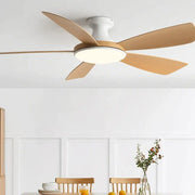 Modern ceiling fan with five light brown wooden blades and white housing featuring an integrated bedroom led light