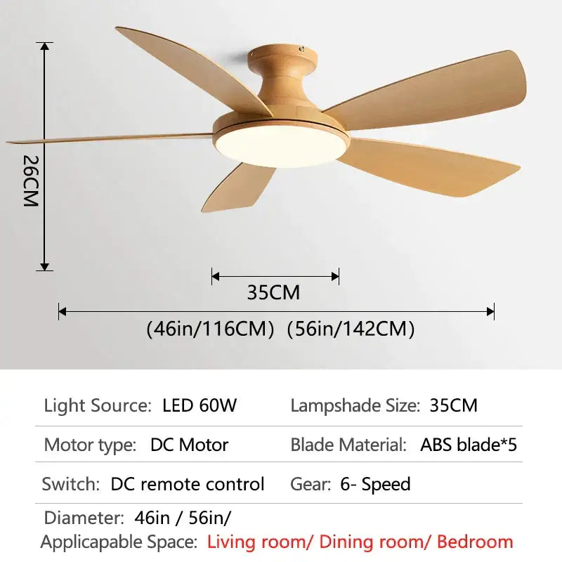Modern ceiling fan with five matte-finished wooden blades and circular LED lampshade in white and light brown