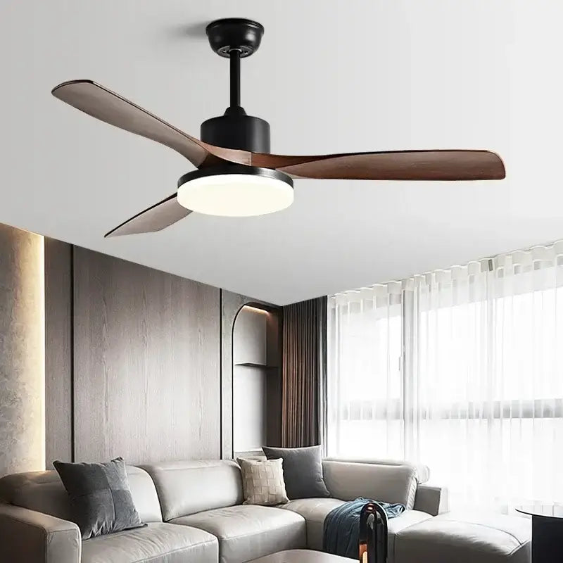 Black and wood-toned modern ceiling fan with integrated circular LED light for bedroom use