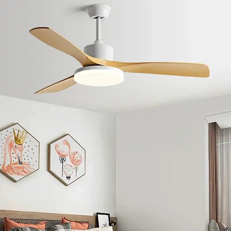 Modern white and light wood ceiling fan with built-in circular led lamp ideal for bedroom lighting and air circulation