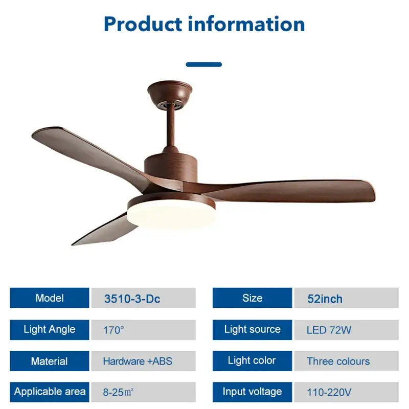 Modern ceiling fan with brown three blades and integrated led light for bedroom with white and light wood accents