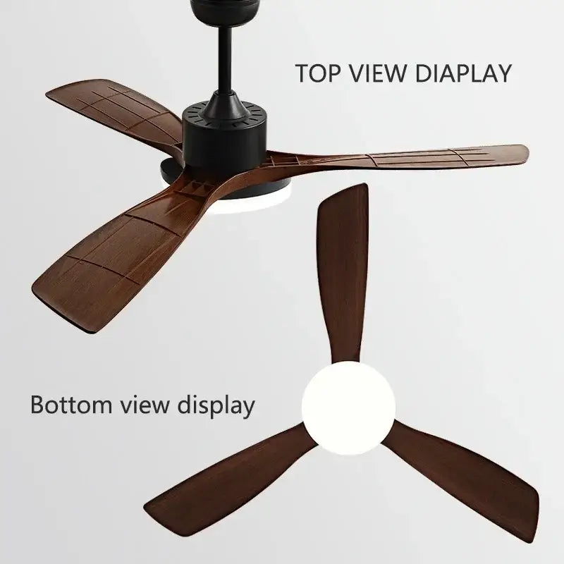 Modern ceiling fan with dark brown wooden blades, black hub, and integrated LED light for bedroom use