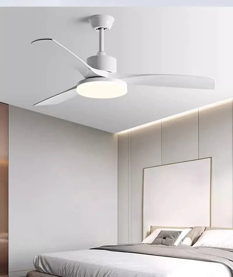 Modern white ceiling fan with integrated led light and sleek light wood blades for bedroom use