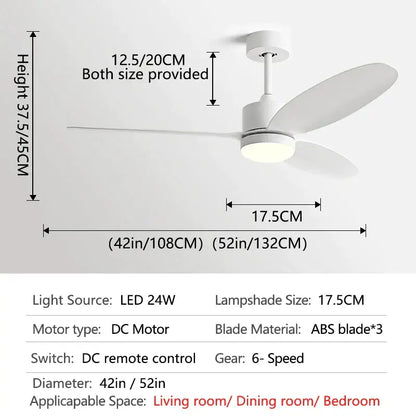 Modern white and light wood dc ceiling fan with three sleek abs blades built-in led light and remote control