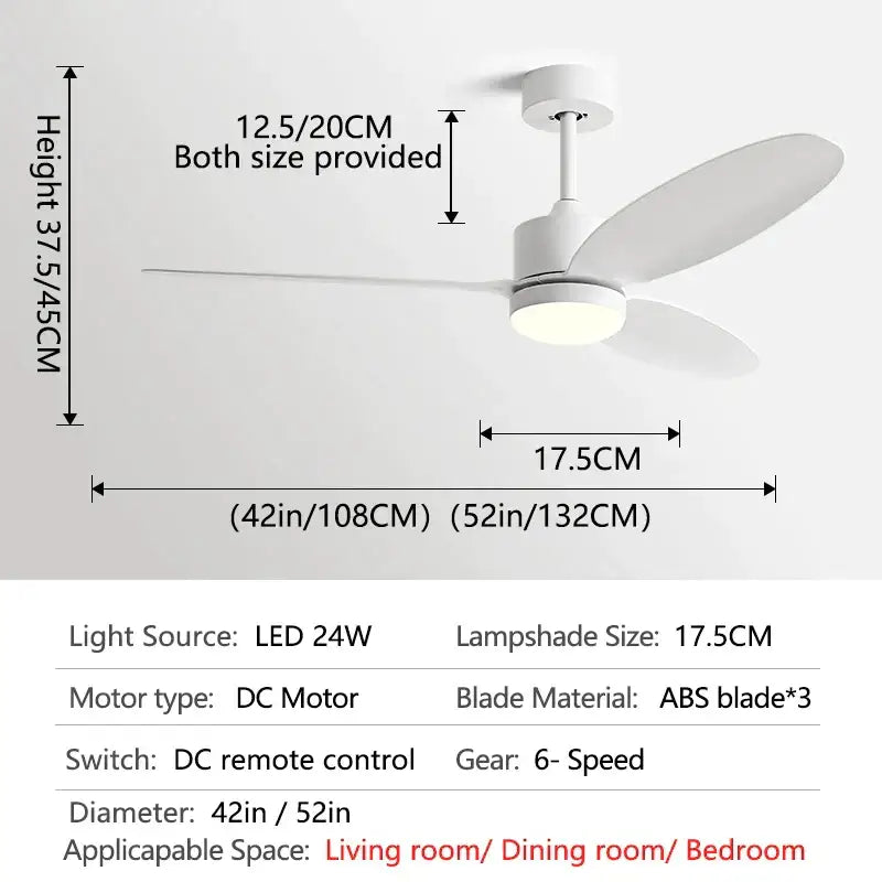 Modern white and light wood dc ceiling fan with three sleek abs blades built-in led light and remote control