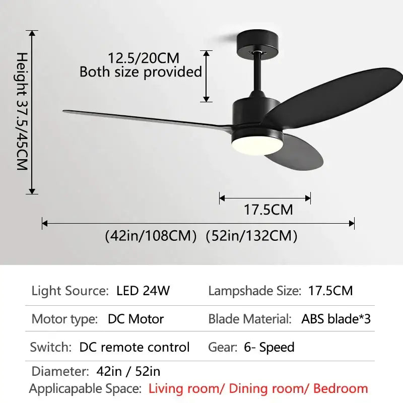 Black modern dc ceiling fan with three sleek abs blades and central led light for dining room with remote control