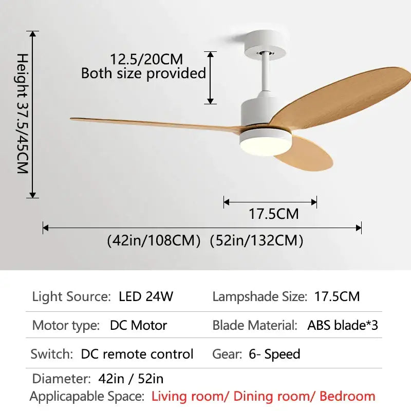 Modern white and light wood ceiling fan with three abs blades and integrated led light for dining room remote control use