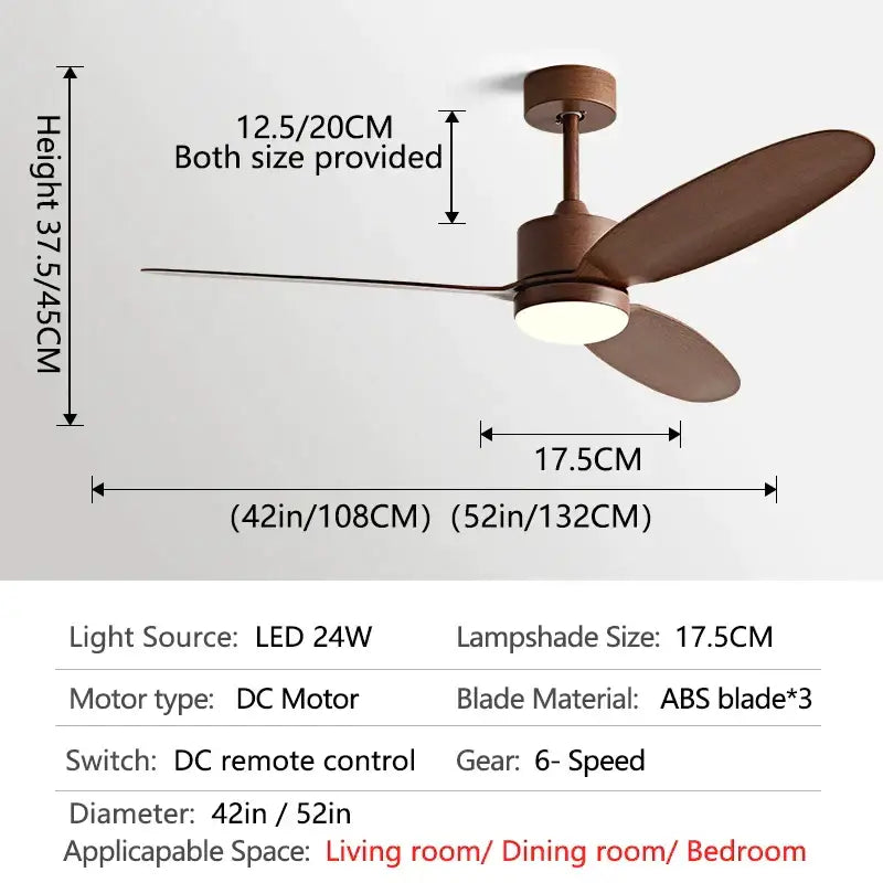 Modern brown ceiling fan with three abs blades and central led light remote control for dining room use