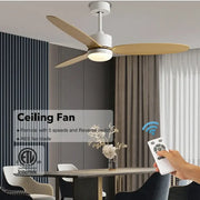 Modern white and light wood dc ceiling fan with three light wood abs blades and integrated led light for dining room remote control