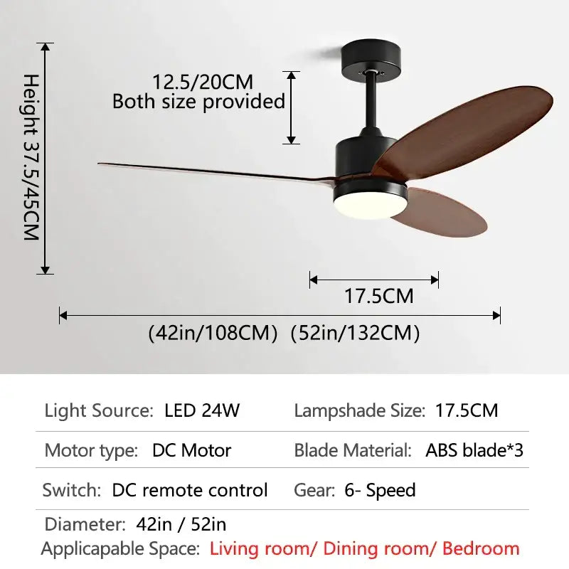 Modern black ceiling fan with three brown abs blades and circular led light featuring remote control for dining room use