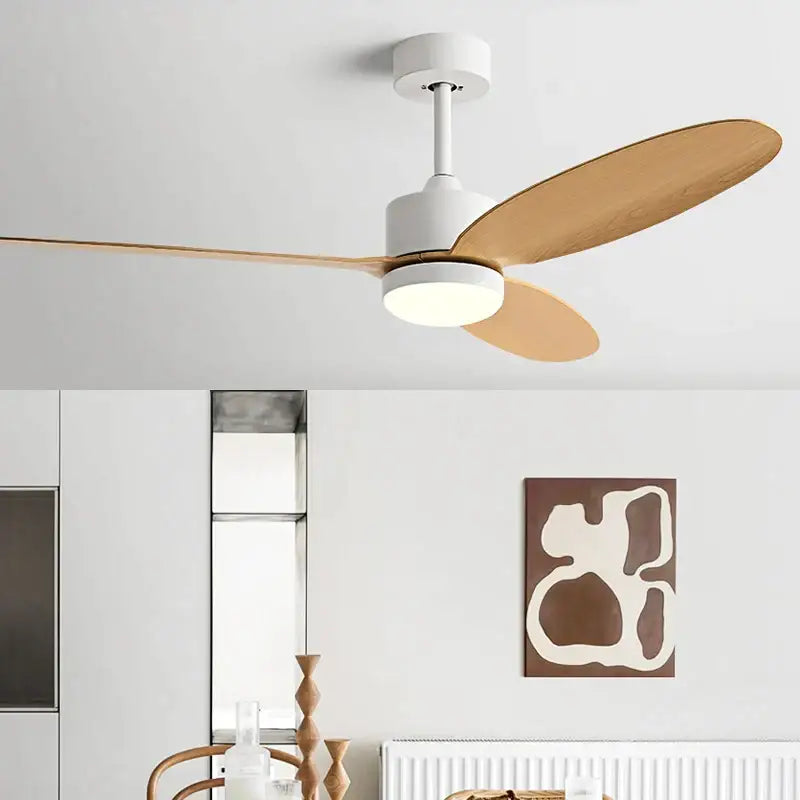 Modern white ceiling fan with three slender light wood blades, led light, and remote control for dining room use
