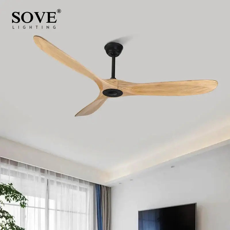 Sove ceiling fan with three light wood blades and black hub modern white wood dc ceiling fan with remote control