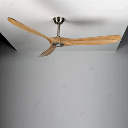 Modern white and light wood ceiling fan with three slender wooden blades and remote control for living room use