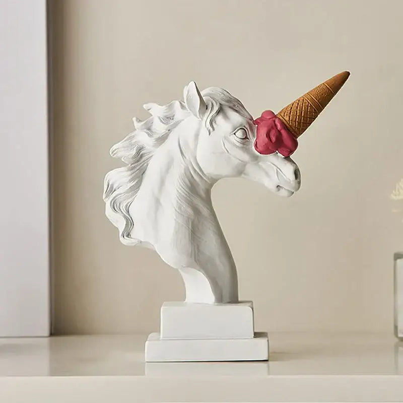 Modern white resin horse head sculpture with pink ice cream waffle cone horn for decorbites horse head decor