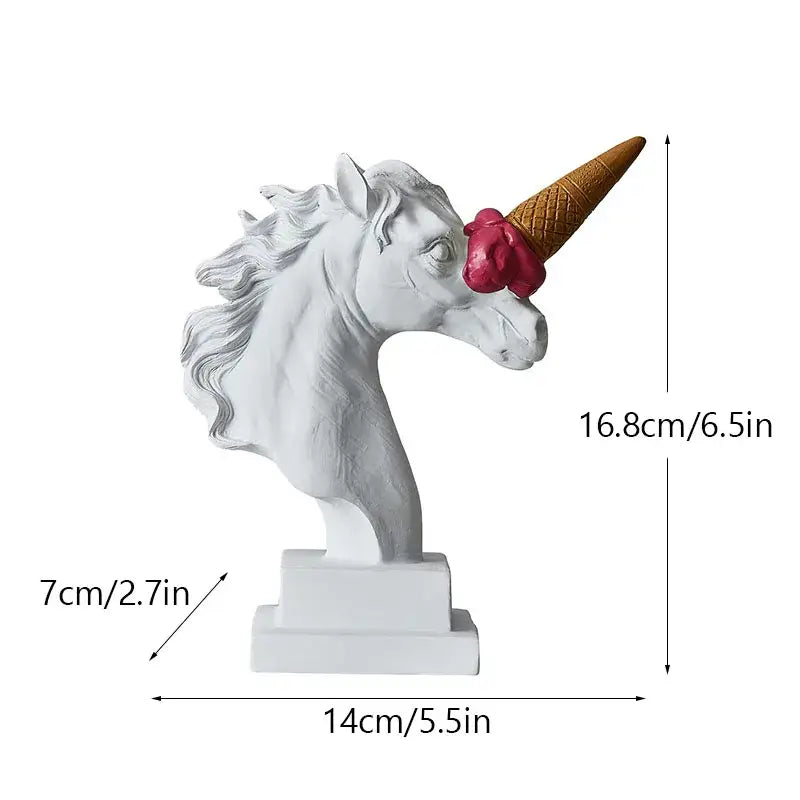 Modern white and pink ice cream horse head living room sculpture with white resin and golden waffle cone horn decorbites horse head