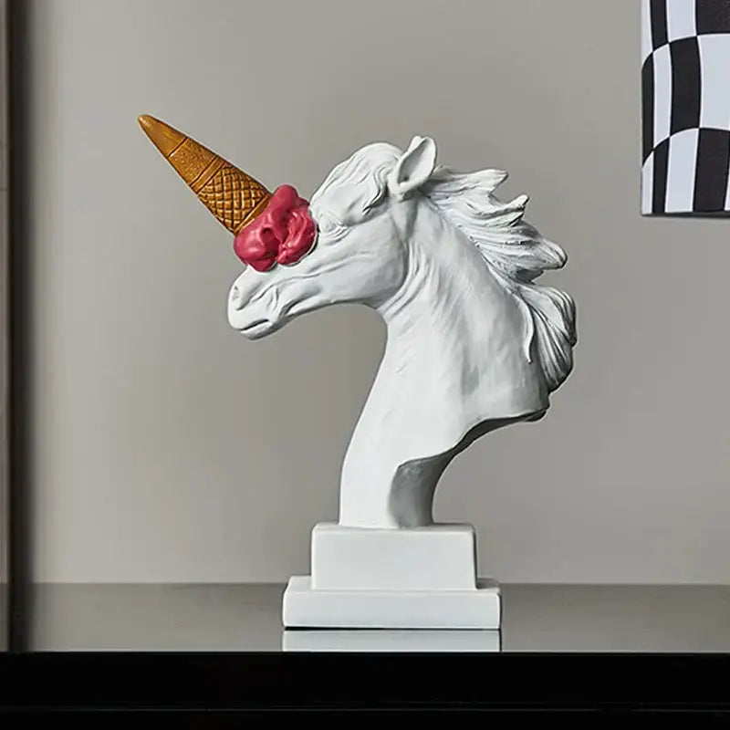 Modern white and pink ice cream horse head sculpture featuring a golden ice cream cone horn for decorbites horse head decor