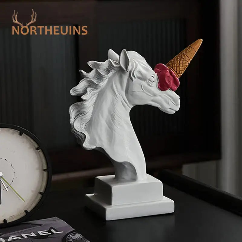 Modern white resin ice cream horse head sculpture with pink scoop and golden waffle cone horn for decorbites horse head decor