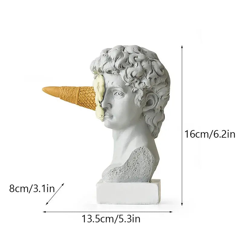 Modern white and pink ice cream horse head living room sculpture featuring a white resin bust with ice cream cone decorbites horse head